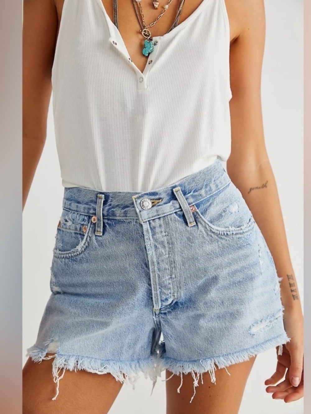AGOLDE Light Wash Distressed High-Rise Denim Shorts